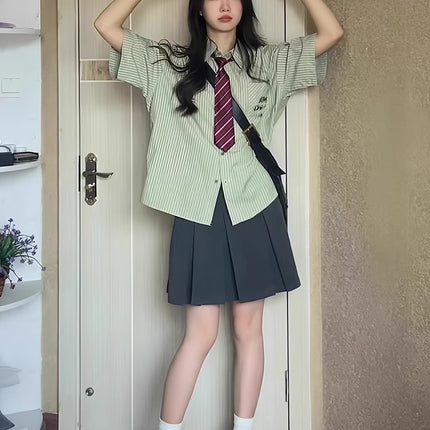 Korean style college style ootd wear women's summer small fresh green striped short sleeve shirt sweet JK pleated skirt