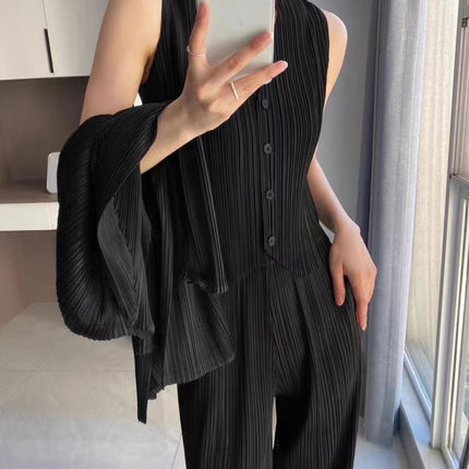 Summer Fashion Suit for Women, High-End and Elegant, a Complete Set of Three-Piece Vest, Pleated Straight Pants, Two-Piece Set