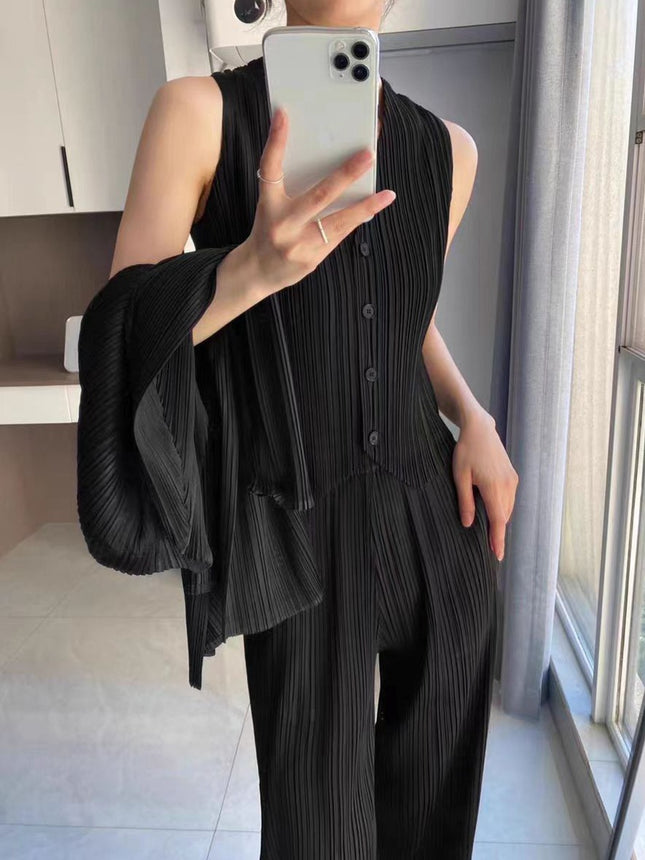 Summer Fashion Suit for Women, High-End and Elegant, a Complete Set of Three-Piece Vest, Pleated Straight Pants, Two-Piece Set