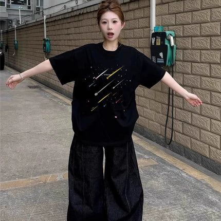 Black Pure Cotton Short-Sleeved T-Shirt for Women, Summer 2026 Style, Student Loose Oversize Half-Sleeve American Style Top, Trendy