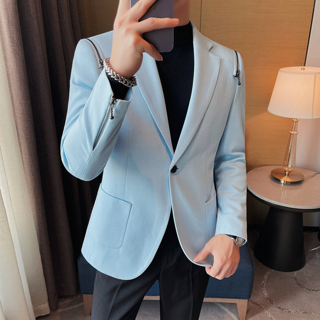 Men Slim Casual Suit Jacket Korean Style Shoulder Zipper Blazer Non-Iron Spring Autumn Black Blue Beige / Veste Costume Casual Homme Slim Style Coréen Fermeture Épaule Sans Repassage Printemps Automne Noir Bleu Beige