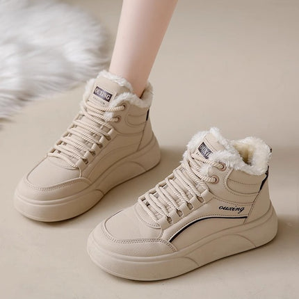 2024 Winter High-top fleece-lined White Shoes New Korean-style ins Female Student Mid-top Flat Sports Casual Board Shoes
