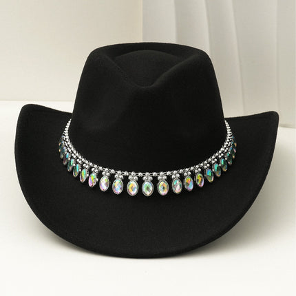 Cross-Border European and American Style Popular Tassel Horse Eye Code Chain Green Agate Diamond Claw Hat Chain Top Hat Cowboy Hat Felt Hat Gemstone