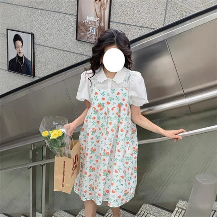 Suit for Women Summer Korean Style Puff Sleeve Shirt + Double Shoulder Strap Floral Skirt Energetic Girl Doll Suspender Skirt Two-Piece Set