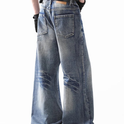 American Style Retro Old Washed Jeans Men's cleanfit Puppies Handsome Lightning Pattern Micro Straight Tube High Street Pants