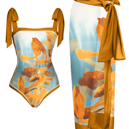 Amazon 2023 European and American New Fixed Edition Printed Two-Piece One-Piece Swimsuit Conservative Covered Hip Skirt Spot Swimsuit