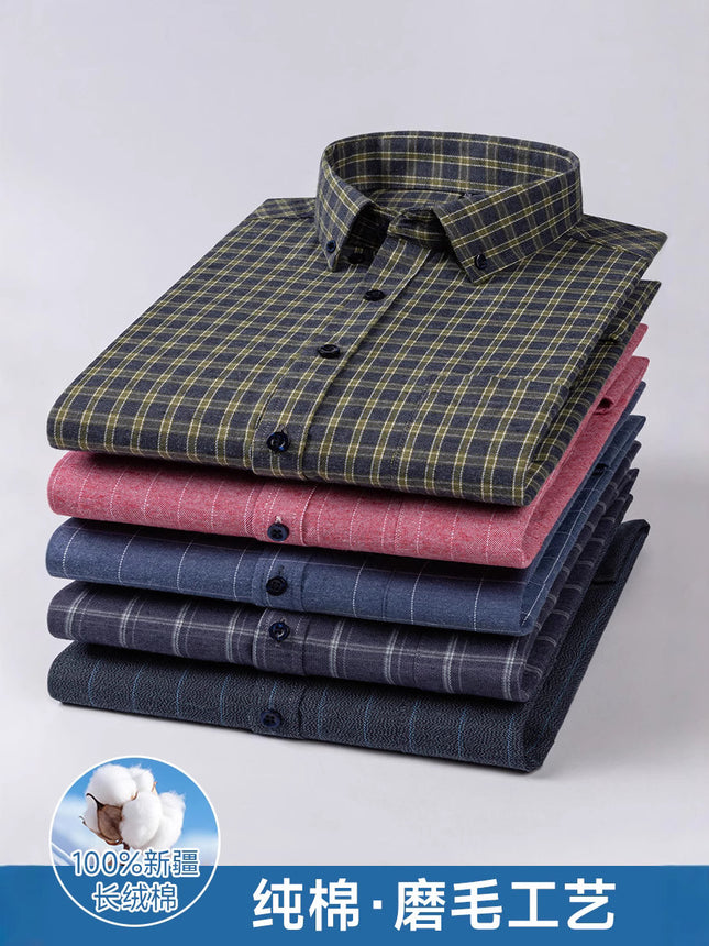 Factory Direct Sales 100% Pure Cotton Brushed Plaid Long-Sleeved Shirt Spring & Fall Dad Wear Men's Casual Versatile Shirt
