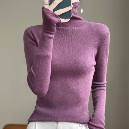 High collar autumn and winter Korean women's pile collar long sleeve knitted wool sweater women's inner pullover slim base shirt