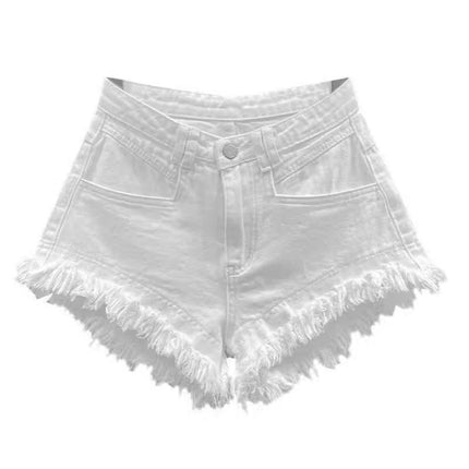 White Korean Style High Waist Fashion Fringe Hot Girl Denim Shorts 2024 Summer Rick Western Style Solid Color Hot Pants