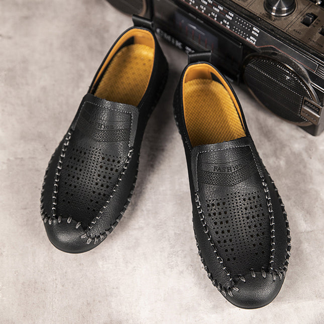 Cross-Border Hot-Selling Spring and Summer New Products Hand-Stitched Casual Men's Shoes Fashionable Hollow Versatile Breathable Genuine Leather Beanie Shoes