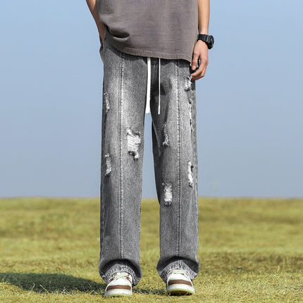 Ripped Jeans Men's Summer Thin Trendy Brand Loose Straight Pants American High Street Yellow Mud Washed Wide Leg Pants for Men
