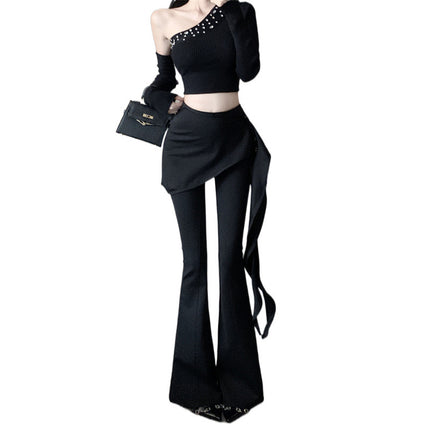 Removable Fake Two-Piece Ruffled Waist Seal Slimming Design Sense Micro Horn Casual Pants suit