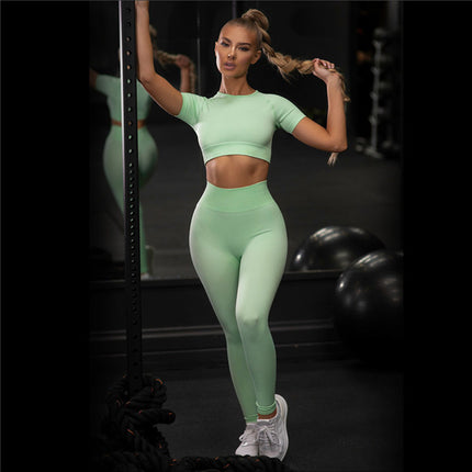 Seamless High Elastic Tight Yoga Suit suit Factory Women's Solid Color High Waist Sports suit Short Sleeve Pants Two Pieces Yoga