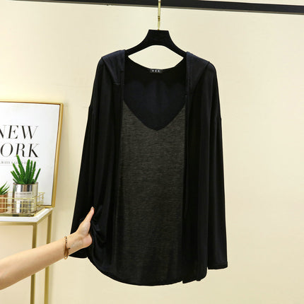 Modal Hooded Cardigan Women's Summer 2025 Thin Long-sleeved Air-conditioning Shirt Loose Sun-protective Clothing Solid Color Top Jacket