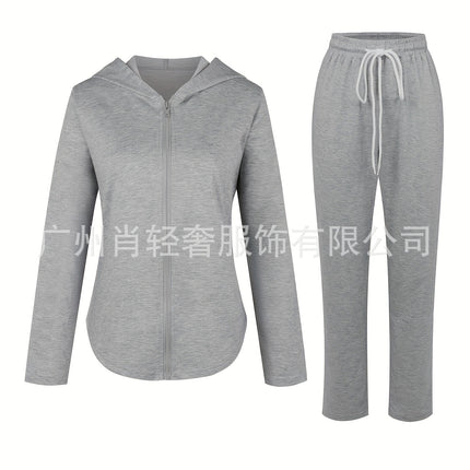European and American trade casual loose zipper hooded light jacket pants suit (2 pieces)