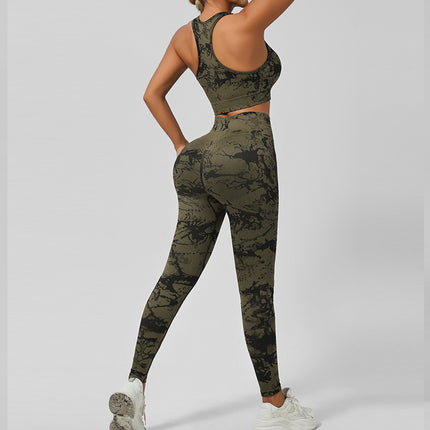 Cross-Border Seamless Tie-Dye Yoga Wear Beautiful Back Sports Bra High Waist Peach Butt Lift Fitness Tights Suit for Women