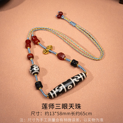 Natural Yellow Nine-Eyed Dzi Bead Necklace, Taiwanese Agate Pendant, Men's and Women's Couple's Braided Necklace, Ready for Sale