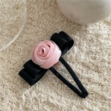 French pink rose flower bow hairpin women's back spring clip elegant hair rope Internet celebrity duckbill clip