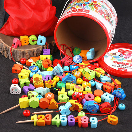 Cross-border Wooden Beads 100 Infant Wooden Rope-wearing Educational Mentation Training Building Blocks Toys for 1-6 Years Old Boys and Girls