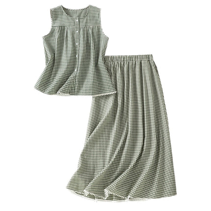 Real Shot of Summer New Green Plaid Cotton Sleeveless Round Neck Cardigan Elastic Skirt Spliced Lace Suit for Women