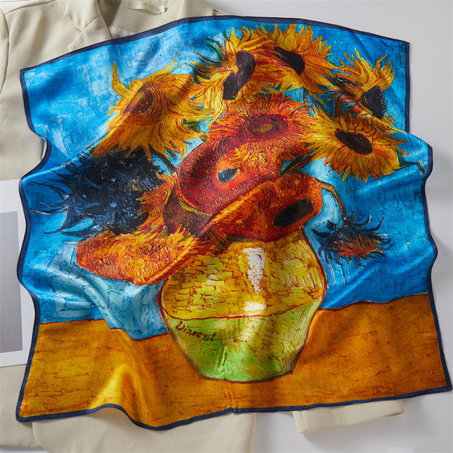 70 Square Silk Scarf for Women, Versatile for Spring and Autumn, with Oil Painting Sunflower Potted Plant Design, Paired with a Shirt, Neck Protection, Mulberry Silk Scarf