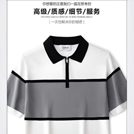 2025 Men's Knitted Polo Shirt Handsome Summer Trendy Men's Right Shoulder Shirt Collar American Zipper Lapel Stripesd T-Shirt