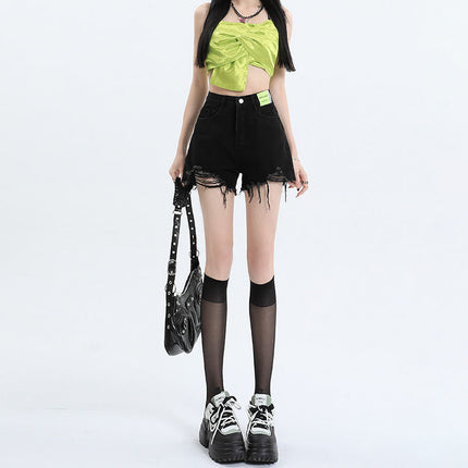 2025 New Black Ripped Denim Shorts for Female Summer Students Loose Straight Brushed High Waist Slimming Look A-Line Hot Pants