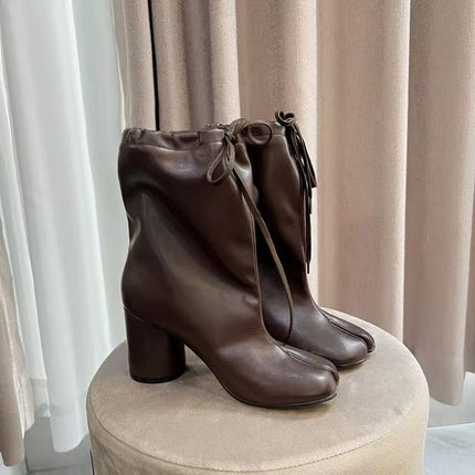 2025 Autumn and Winter New Arrival Wide Pig's Trotter Boots Lace-up Thick Heel-split Boots Women's Knight Drawstring Super Soft Leather Horseshoe Ankle Boots
