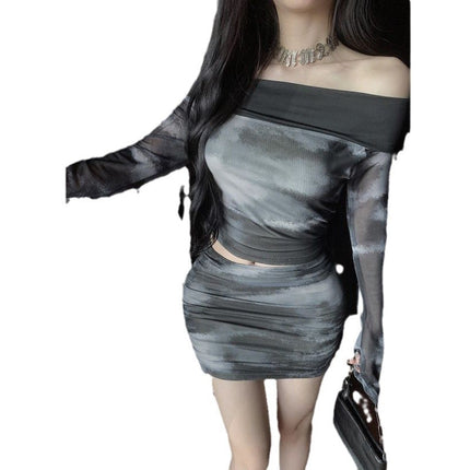 Trendy and Versatile Short Crop Top with Tie-Dye Mesh and One-Shoulder Long Sleeves for Women, Featuring a Pure and Desirable Style