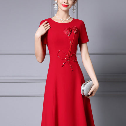 Zhili 2026 Stunning Dress for Women, New Summer Style with Beaded Flowers, Formal Occasion Red Waist-Cinching Dress