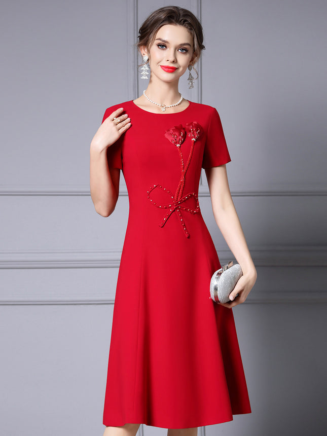 Zhili 2026 Stunning Dress for Women, New Summer Style with Beaded Flowers, Formal Occasion Red Waist-Cinching Dress