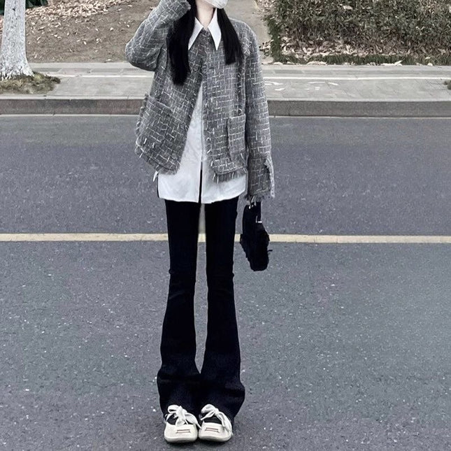 175 Tall Women's Black Bootcut Jeans for Autumn and Winter High-Waisted Elastic Slim Slim Flared Floor-Length Pants
