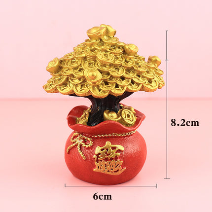 New Chinese-Style Festive Fortune Tree Resin Ornament for Office Desk, with Ingot and Lucky Bag, New Year Gift, Treasure Bowl
