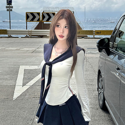College Style Sexy Suit for Women Summer New T-Shirt Top Pleated Skirt Two-Piece Set for Small People