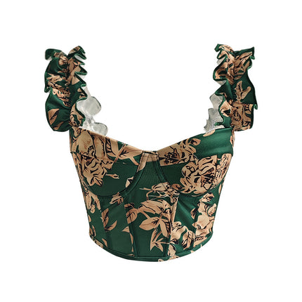 Cross-border European and American Summer Explosions Floral Bow Sling Top Sweet Sexy Printed French Corset Vest