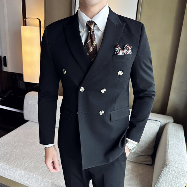 Suit suit Double-breasted Buckle Neck Suit Three-piece Fashionable Groom Pink Host Best Man Dress Men's Fashionable
