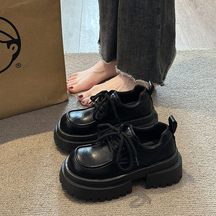Thick-Soled Small Leather Shoes for Women 2025 Autumn and Winter New British Style New Products with Skirts Black Lace-Up Loafers Brown