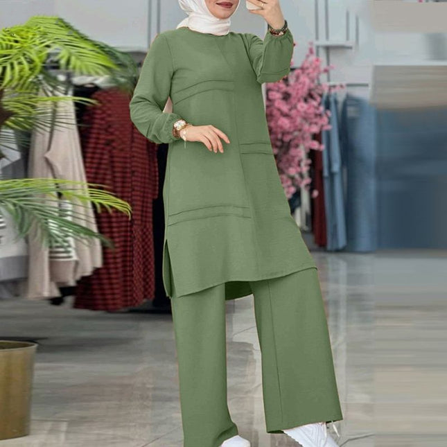 2024 Women's Two-Piece Sportswear Set: Elegant Solid Color Long-Sleeve Shirt and Wide-Leg Pants Set
