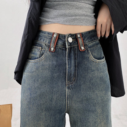American Retro Narrow Wide-Leg Jeans for Women, 2025 Spring New High-Waisted Loose Slimming Floor-Length Straight Pants