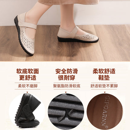 Mom's Shoes, Clogs, Single Shoes, Summer Comfortable Women's Shoes for Middle-Aged and Elderly, Soft-Soled Hollow Breathable Sandals, Non-Slip Leather Shoes