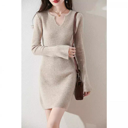 2025 Autumn and Winter V-Neck Women's Drawpack Mid-Length Sweater Slim-Fit Slimming Knitted Western-style Long Wool Dress