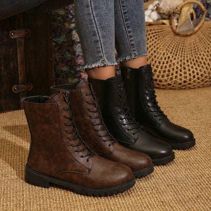 2025 Spring New Style Medium Heel Thick Heel Retro Large Size Cross-Border Mid-Calf Boots for Women Foreign Trade Round Toe Side Zipper Women's Boots