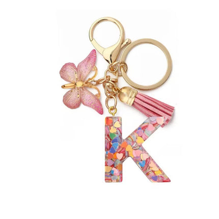 1 Px Pink Heart Sequins Resin English Letter Key Chain Pendant Butterfly Tassel Accessories Key Hanging