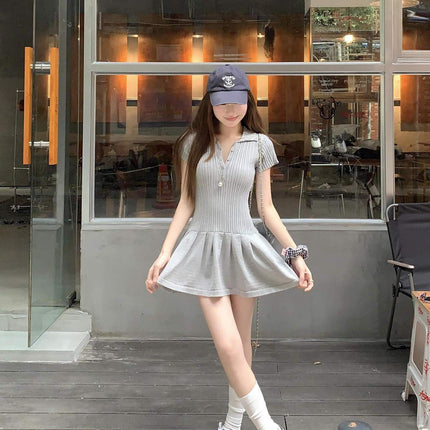 Grey Polo Neck Short-sleeved dress Women's Summer Slim-fit Tight Waisted Short Skirt Small Hot Girl Slim A- line Skirt