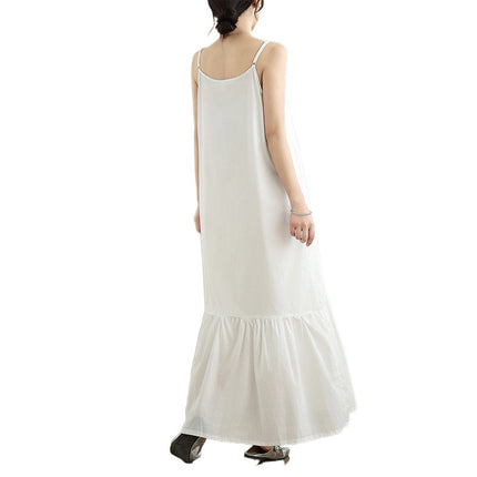 Real Shot of 2025 Summer New Style White Minimalist Extended Cotton-Polyester Splicing Slip Dress Slimming Fishtail Dress for Women