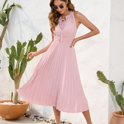 Amazon Cross-Border Lace-Up High-Waist Pleated Fur Ball Dress Sleeveless Summer Dress Casual Vacation Travel Dress