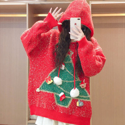 Autumn and Winter New Christmas Tree Sweater Fawn Fur Ball Bright Silk Hooded Design Loose Sweet Age-reducing Knit Sweater for Women