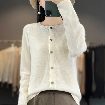 2024 Seamless One Round Neck 100 Wool Cardigan Women's Osmanthus Needle Long Sleeve Jacket Top Base Shirt