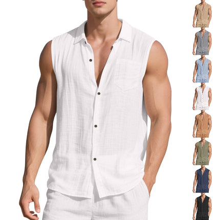 Cross-Border Amazon European and American Men's New Summer Products New Loose Linen Simple Casual Sleeveless Beach Shirt