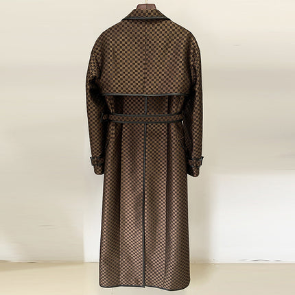 In Stock 2026 Autumn and Winter New European and American Celebrity Fashion Belted Jacquard Maze Pattern Extended Trench Coat